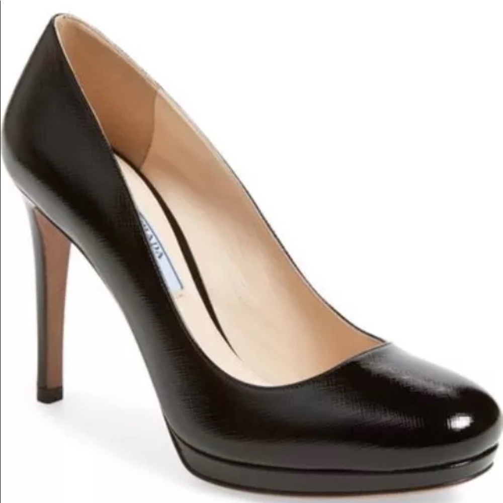 Prada Black Saffiano Patent Leather Pump Heels